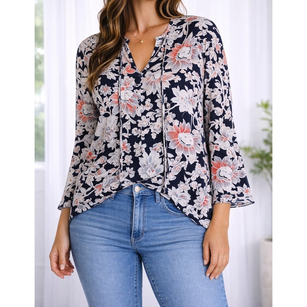 Liz McCoy Womens XL Floral Bell Sleeve Tie Neck Blouse Navy Coral 112828